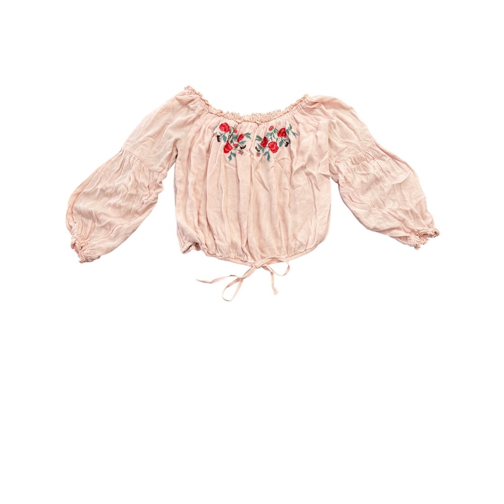 Hollister Womens Small Pink Floral Embroidered Off Shoulder Balloon Sleeve Top
